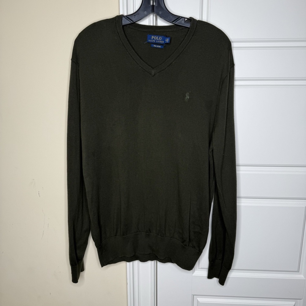 Polo Ralph Lauren V-Neck Sweater Men Medium Dark Green Pima Cotton Preppy Luxury